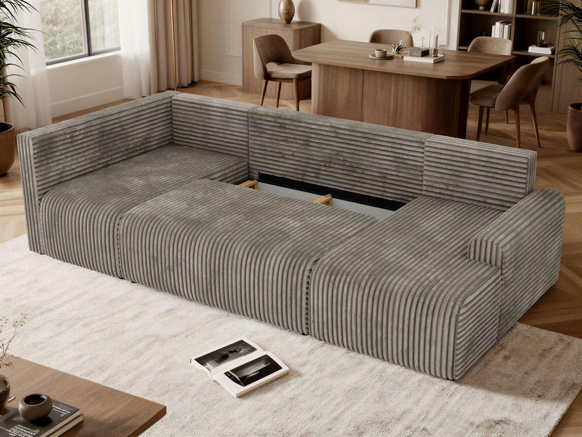 SEDACÍ SOUPRAVA NESSARO COR U Světle hnědá Manšestr - Vlevo - černá/světle hnědá, textil/plast (307/92/151cm) - MKS