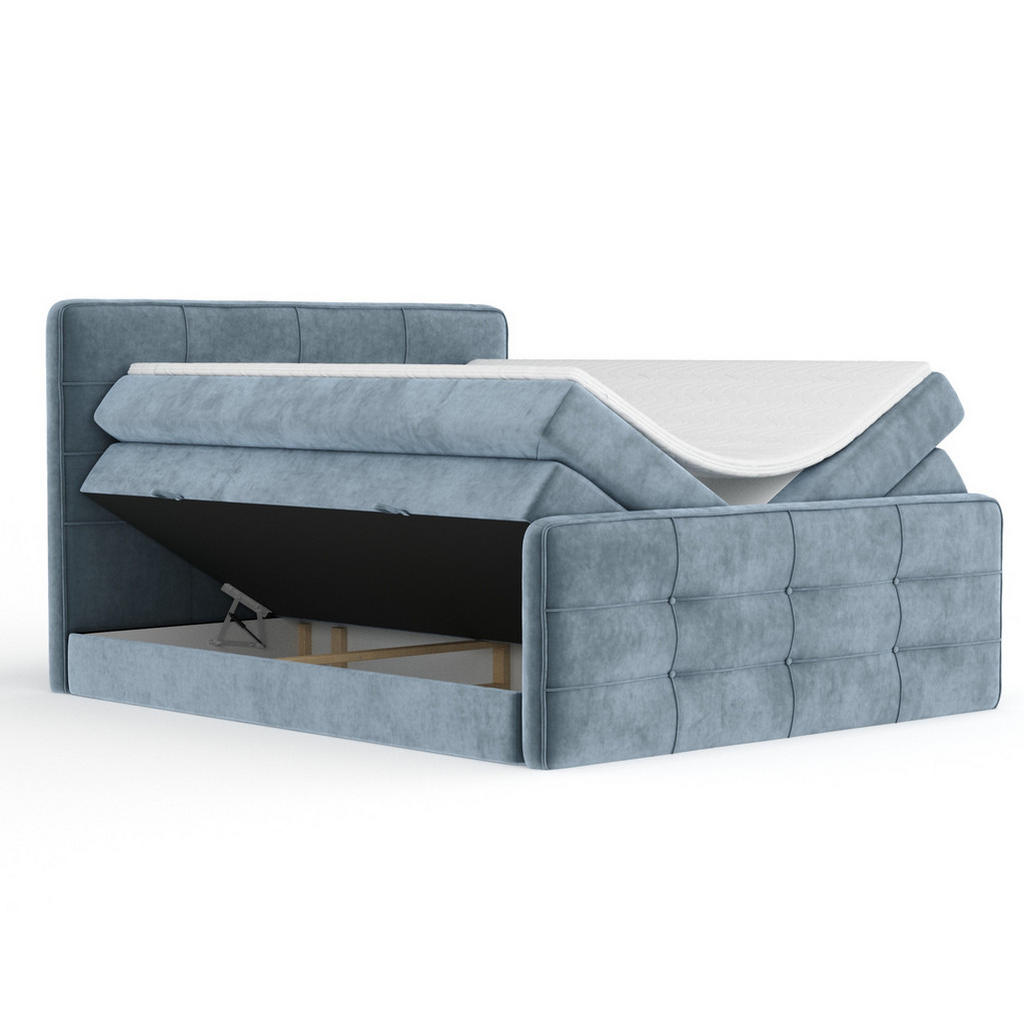 Thumbnail - Maison de Reve Boxspringbett, Blaugrau, Textil, Buche, Kiefer, H3 + H4, 7-Zonen, Höhe ca. 40 cm, 200x200 cm, Handmade in...