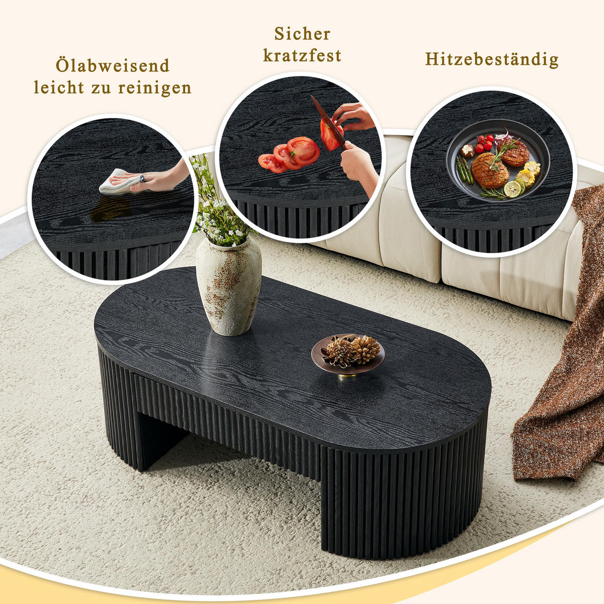 COUCHTISCH DE-37394 oval mit Rillenverkleidung und Schublade Schwarz - Schwarz, Holzwerkstoff (105/54/38cm) - ComfortXL