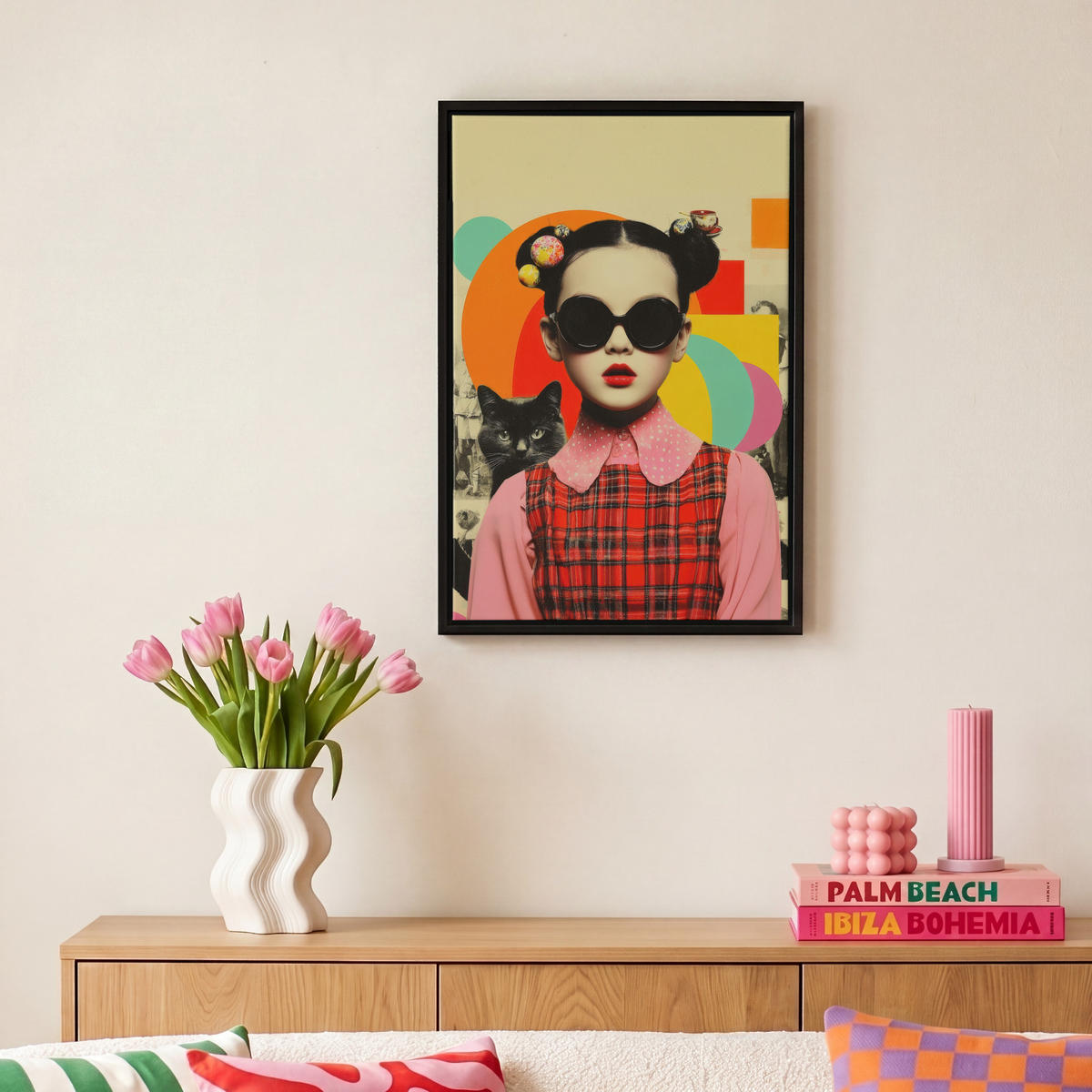 LEINWAND Bilder mit Rahmen - Mädchen - Sonnenbrille - Katze - Retro - 20x30 - Beige, Textil (20/30cm) - MuchoWow