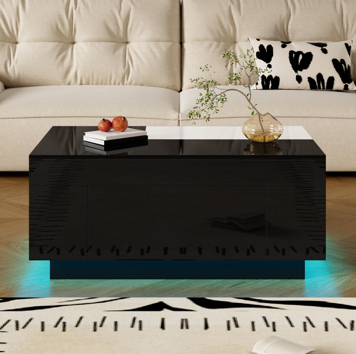 COUCHTISCH 80/50 cm mit LED-Beleuchtung und Stauraum in Schwarz/Weiß - Schwarz, Holzwerkstoff (80/50/35.5cm) - Flora Grace