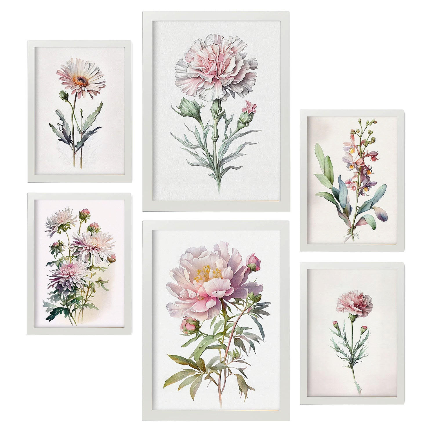 POSTER Set Mit 6 Hellrosa Blumen Vollfarbige Natur Und Botanikdrucke Mit Blumenmotiven Auf Reinweißen Hintergründen A3 & A4 Weißer Rahmen - Weiß, Papier (29/3cm) - Nacnic