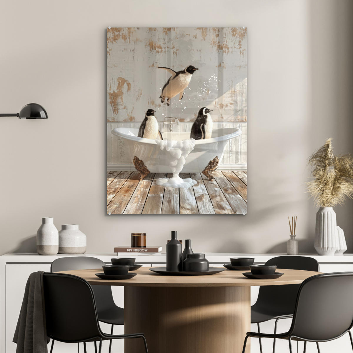 ACRYLGLASBILD Vintage - Pinguin - Badewanne - Schaumstoff 60x80 cm - Schwarz, Glas (60/80cm) - MuchoWow