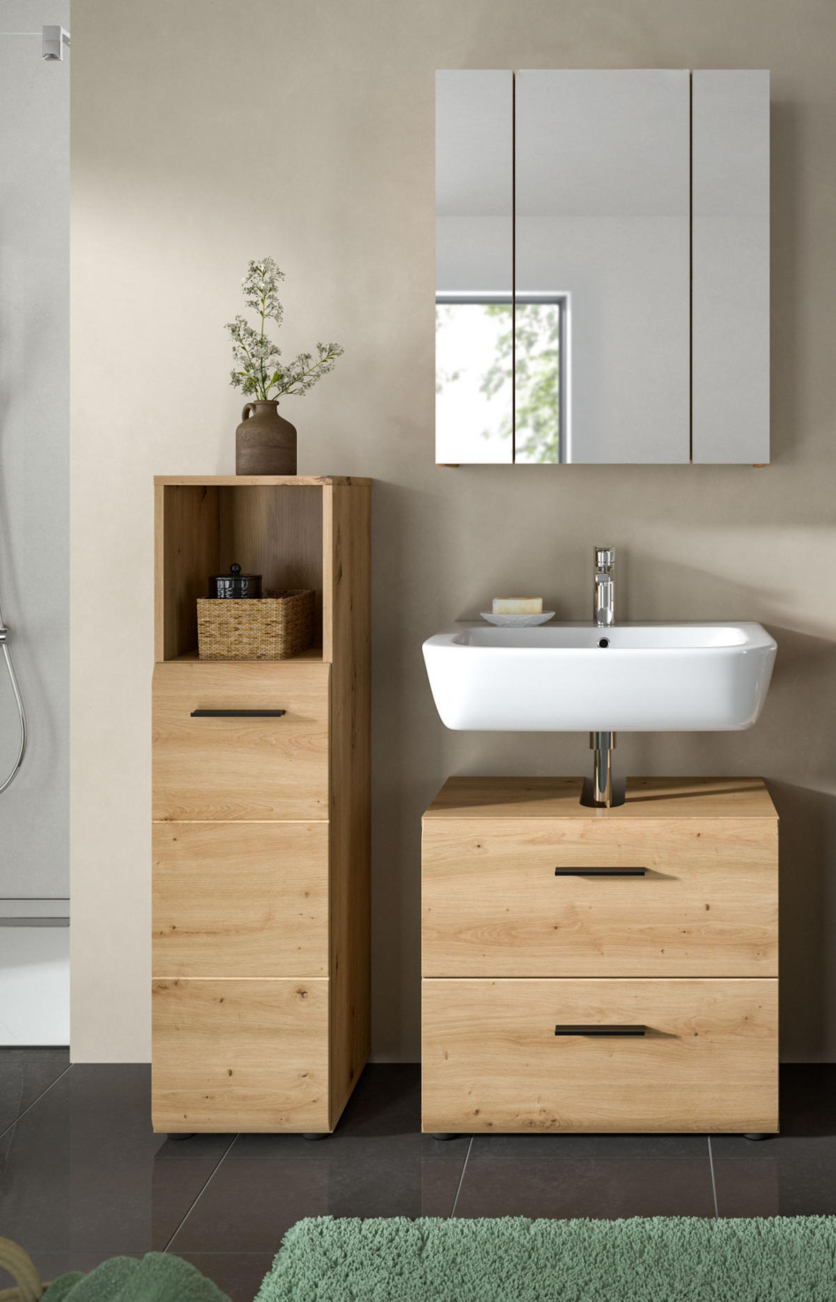 BADMÖBEL Set Eiche Artisan 3-teilig, Badkombination 105 cm, modernes Design, Cover - Schwarz/Eiche Artisan, Glas/Holzwerkstoff (105/185/30cm) - Inn.Furn