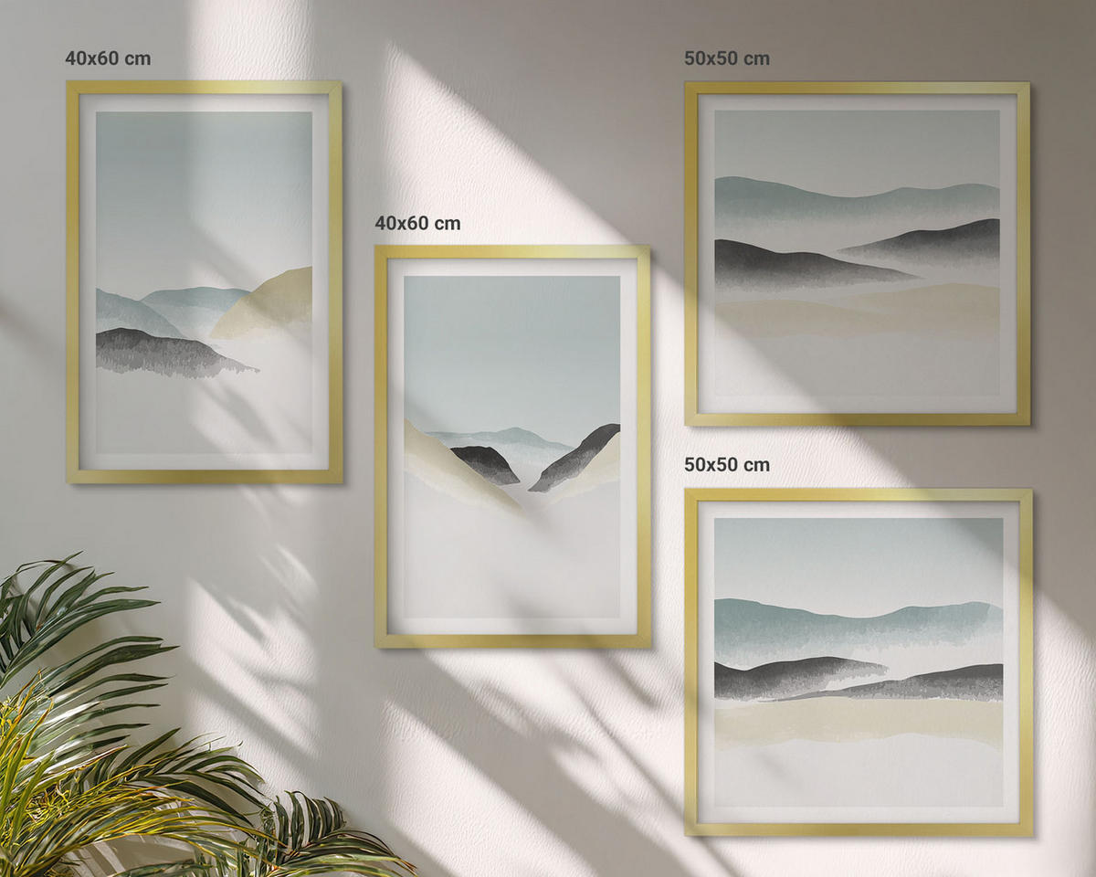 WANDBILDER 4er Set - 50x50 cm & 40x60 cm Goldrahmen - Berge minimalistische Pastellfarben - Goldfarben, Kunststoff (50/50cm) - ArtPrintCave