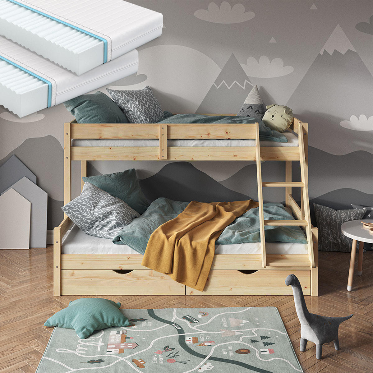 ETAGENBETT Everest Naturholz 120x200/80x200 cm mit 2 Matratzen und 2 Schubkästen - Naturfarben, Holz (120/200cm) - VitaliSpa