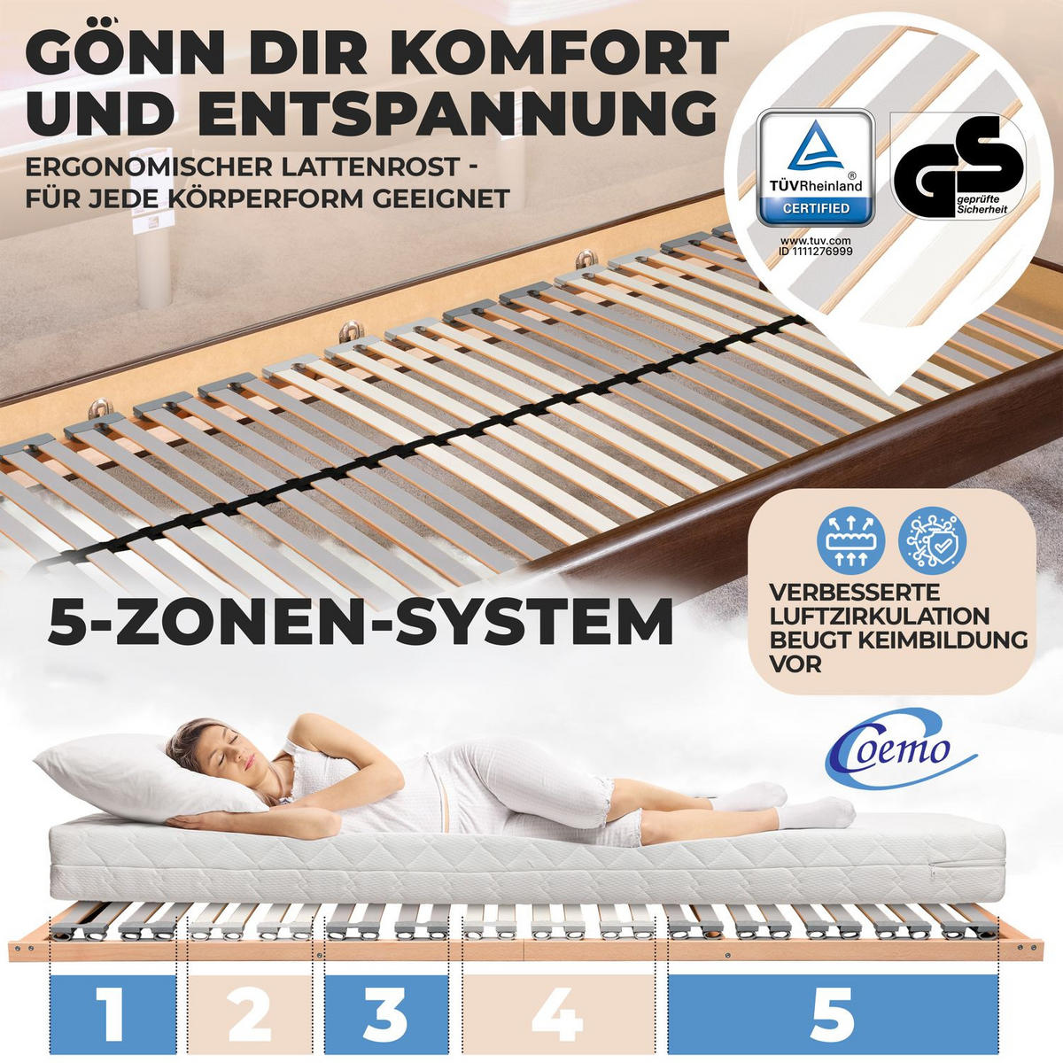 LATTENROST EasyLat NV starr 140 x 200 cm - Naturfarben, Holz (140/200cm) - Coemo