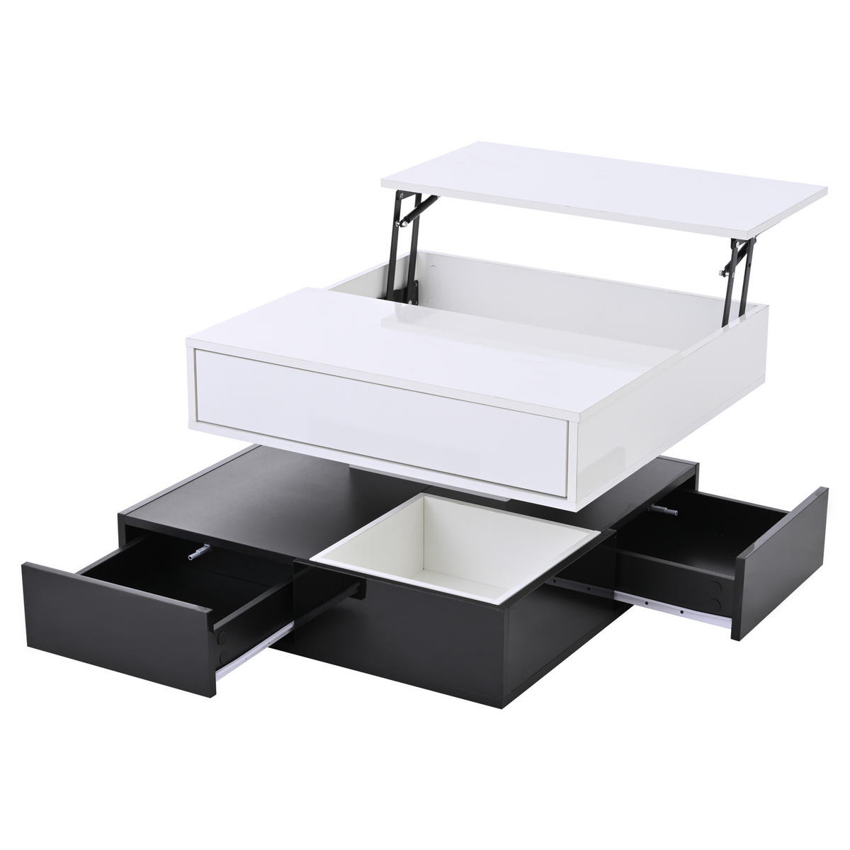 COUCHTISCH Couchtisch 70x70x40–55cm mit Lift und 360° Drehplatte, 3 Schubladen Schwarz Weiß Hochglanz - Weiß, Holzwerkstoff/Metall (70/70/40cm) - EVRYAE