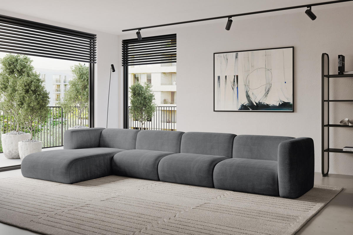 ECKSOFA Ottomane Links MIRA-L3 409x179x70 Dunkelgrau Cord - Dunkelgrau/Schwarz, Holzwerkstoff/Kunststoff (409/179cm) - ALTDECOR