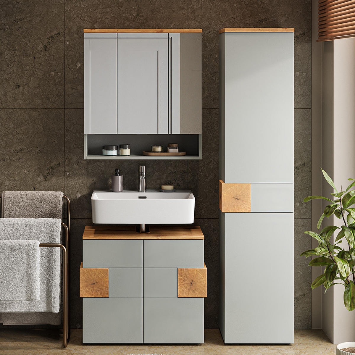 HOCHSCHRANK Eden Grau/Artisan 40 x 184.2 cm mit 2 Türen & 1 Schublade - Hellgrau/Grau, Holzwerkstoff (40/184.2/37cm) - Vicco