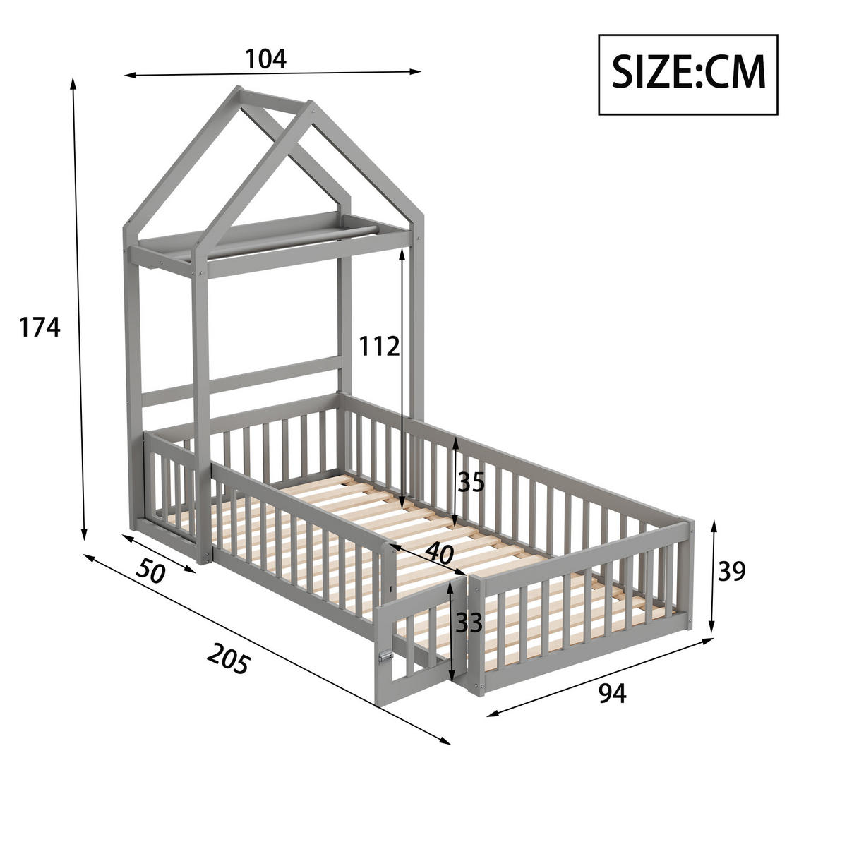 HAUSBETT 90/200 cm grau mit Stauraum und Vollschutzgitter - Grau, Holz (90/200cm) - OKWISH