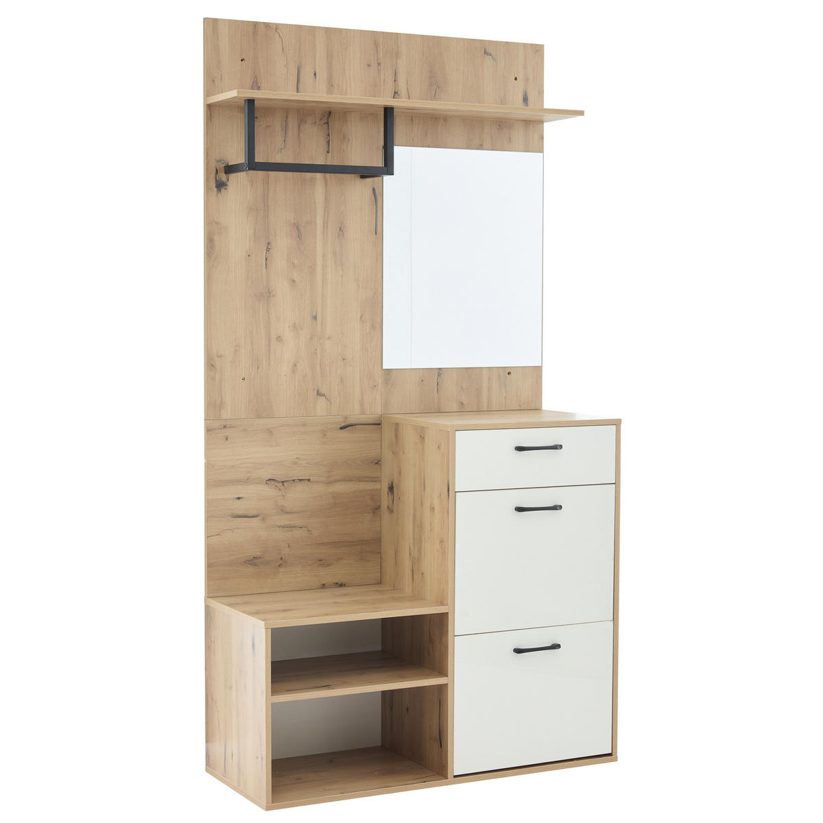 GARDEROBENSET mit Spiegel und Schuhbank 100 x 38,5 x 190 cm Weiß/Natur - Weiß, Holzwerkstoff (38.5/190/100cm) - Beauniv