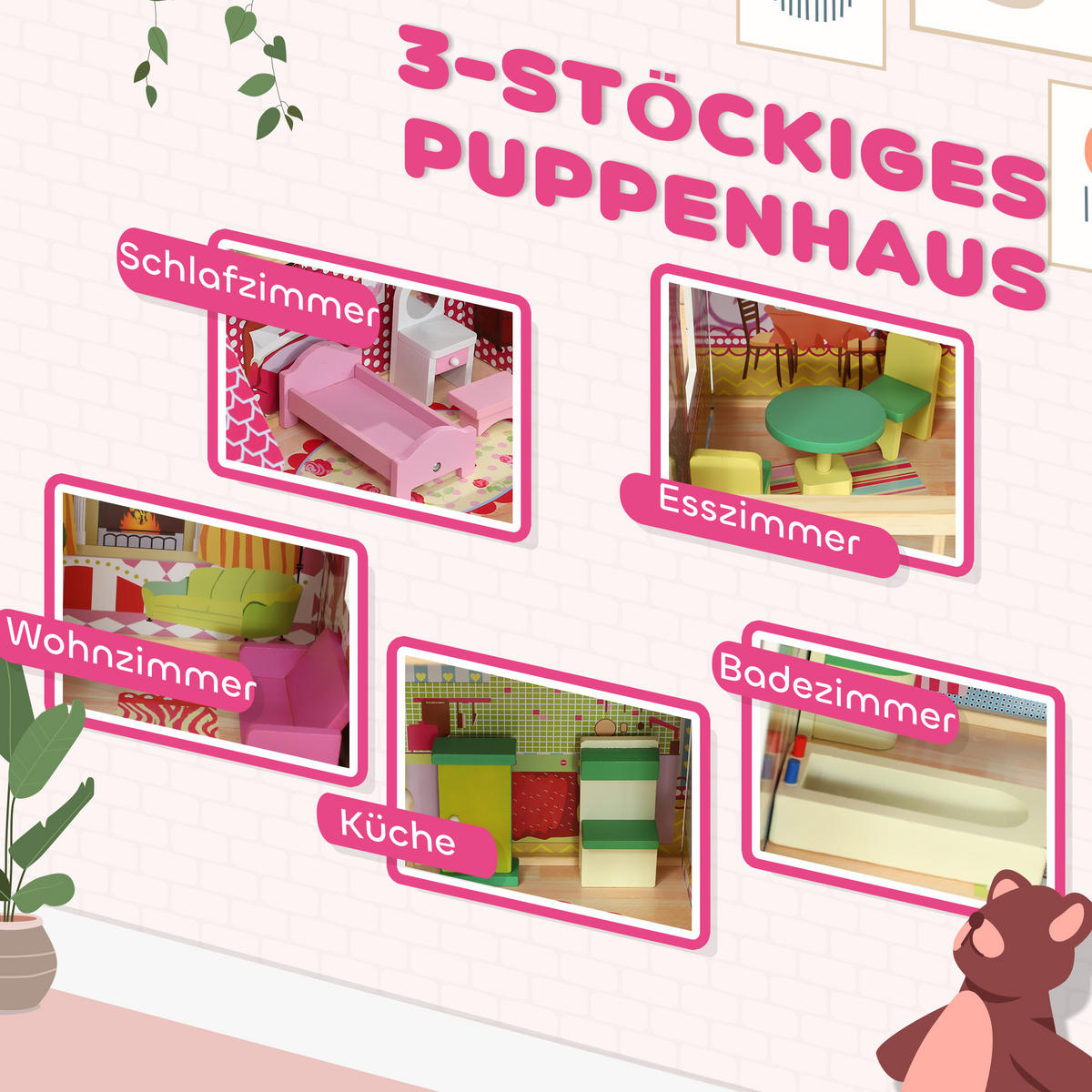 PUPPENHAUS - Rosa, Holzwerkstoff (32/92.1/114.5cm) - AIYAPLAY