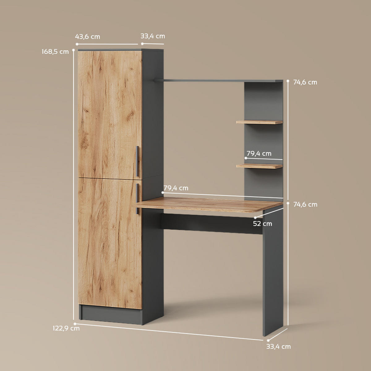 SCHREIBTISCH Rina Anthrazit/Goldkraft Eiche 122.9 x 168 cm - Anthrazit, Holzwerkstoff (52/122.9/168cm) - Livinity®