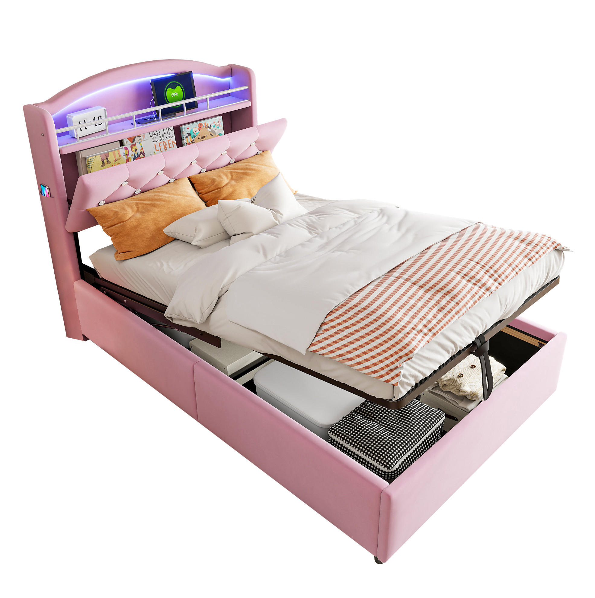 SAMT-POLSTERBETT 90/200 cm mit Bettkasten, LED und USB in Rosa - Pink, Textil (90/200cm) - BEAOK