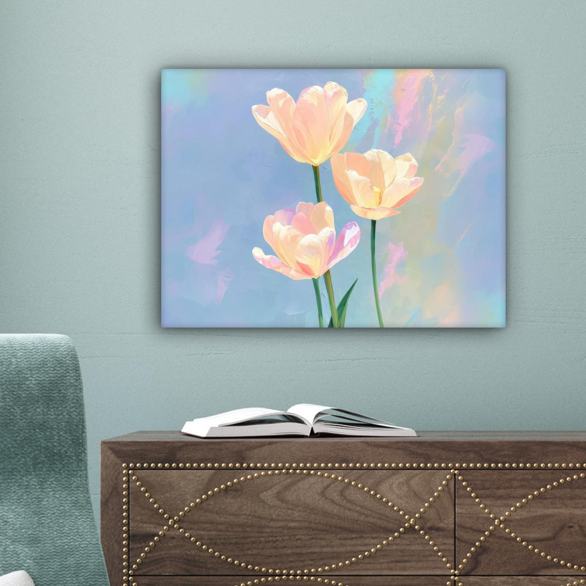 LEINWANDBILD Tulpen - Rosa Akzente - Blau Wandbild 40x30 cm - Pastellblau, Textil (40/30cm) - MuchoWow