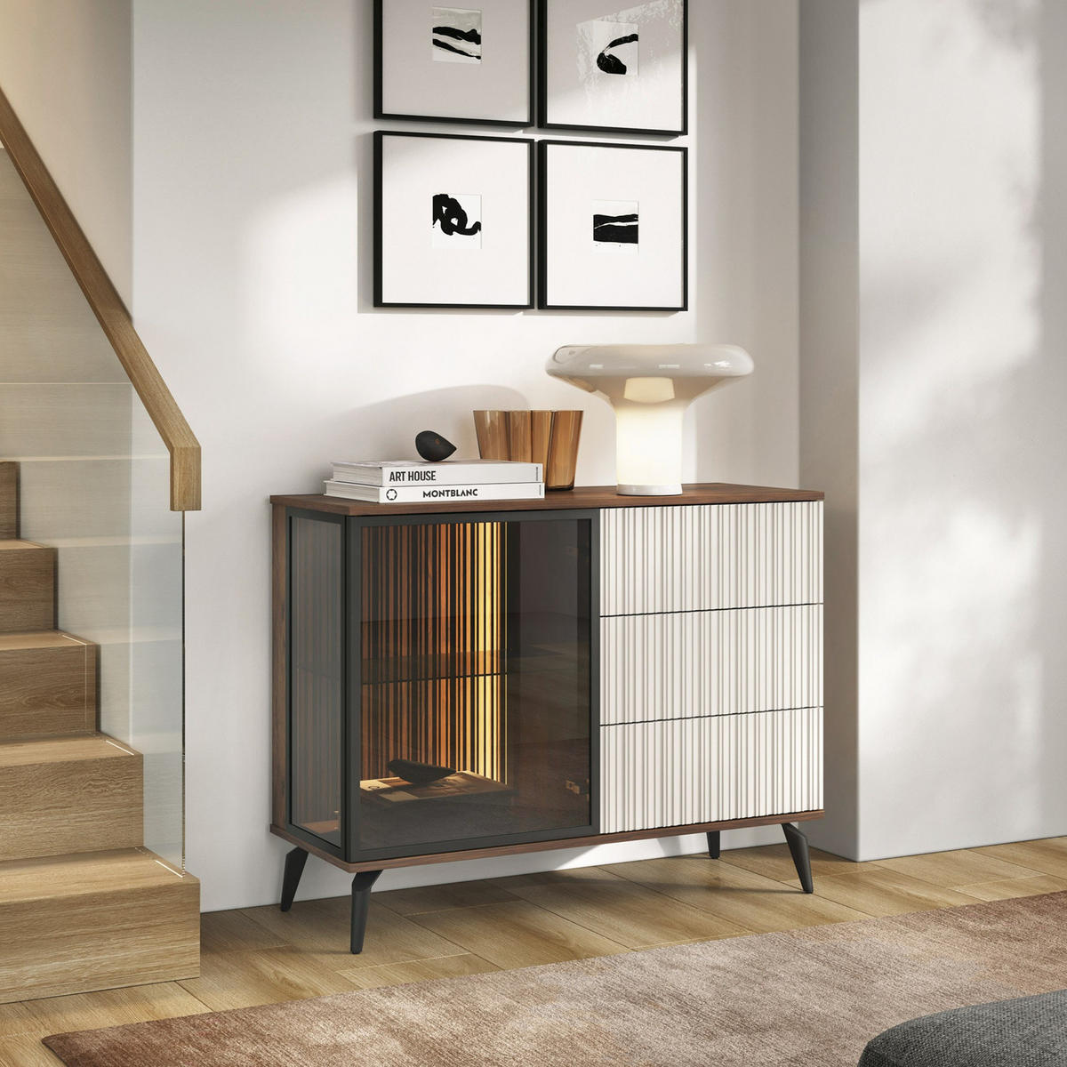 SIDEBOARD YUKO KSZ103 103 cm (Warmia Nussbaum, Kaschmir, Glas, 3 Schubladen, LED) - Kaschmir/Walnussfarben, Glas/Holz (103/80/39cm) - Ravio