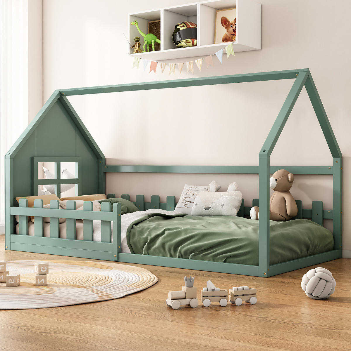 KINDERBETT 90/200 cm, Grün mit Hausform aus Kiefer und MDF - Grün, Holz (90/200cm) - MIVRAY