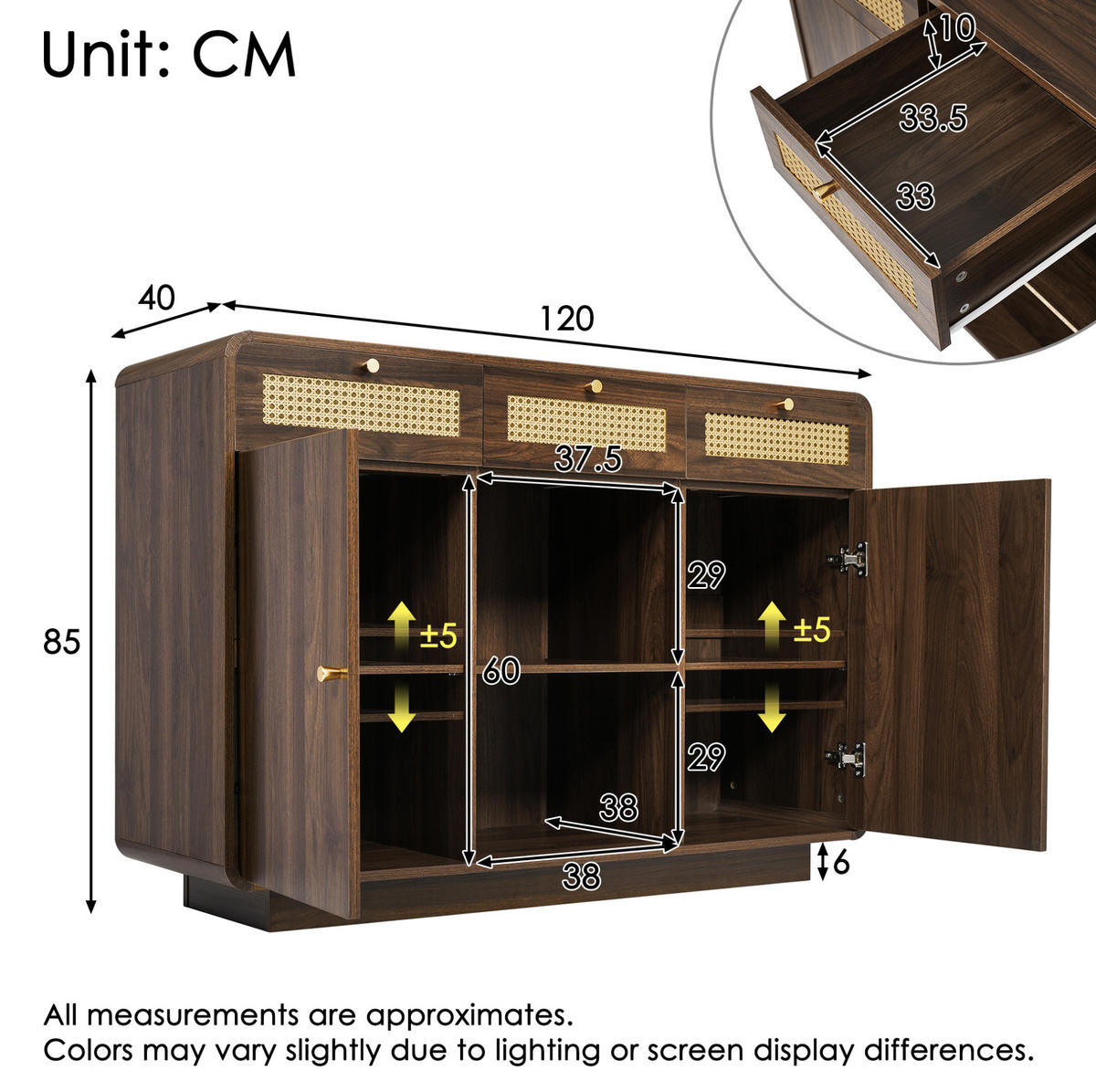 SIDEBOARD 120/40/85 cm aus MDF und Spanplatte mit Rattanfronten Nussbaum - Walnussfarben, Holzwerkstoff (120/85/40cm) - Modenvie