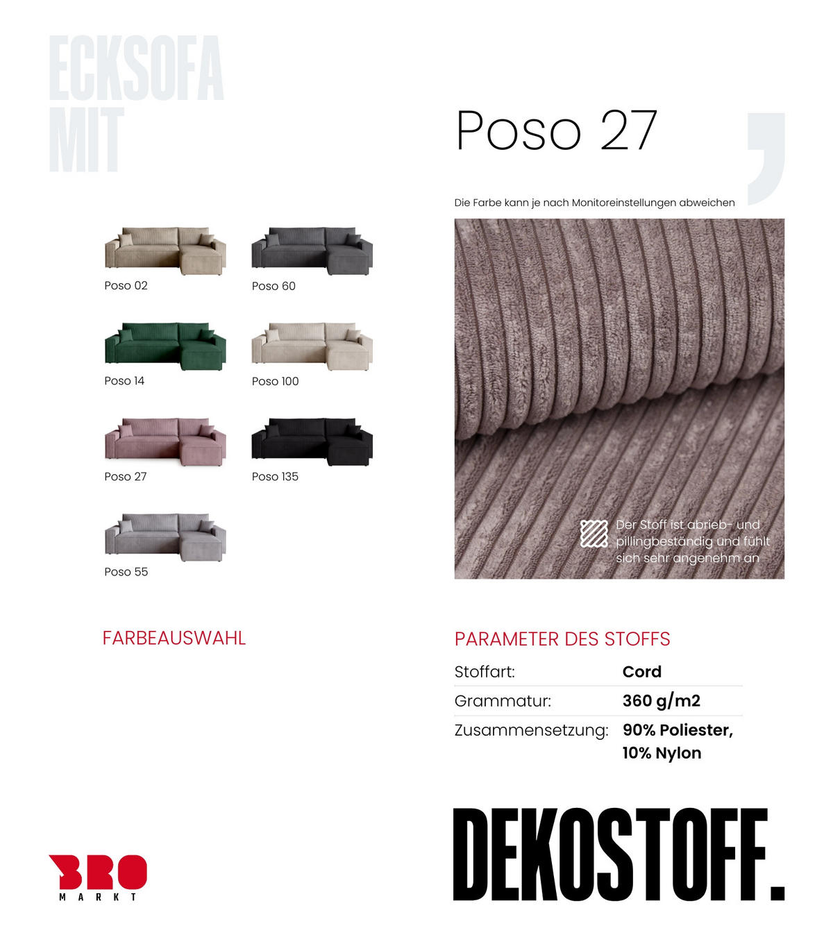 ECKSOFA ADI mit Schlaffunktion Puderrosa Cord - Rosa, Textil (244/143cm) - Bromarkt