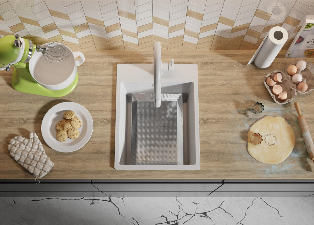 SPÜLBECKEN Riga, 2-er set Weiß 38/50 cm 1 Becken + Ablauf-Set ab 40er Unterschrank - Chromfarben/Weiß, Kunststoff (38/20/50cm) - Primagran