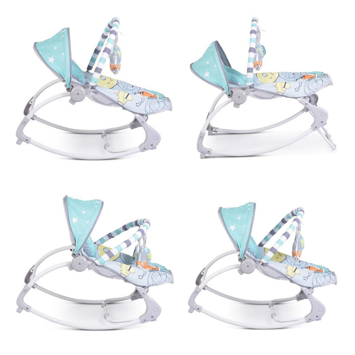BABYWIPPE Space Tour grau mit Spielbogen, Musik, Vibration, Liegepositionen, Sicherheitsgurt - Grau, Metall - Moni
