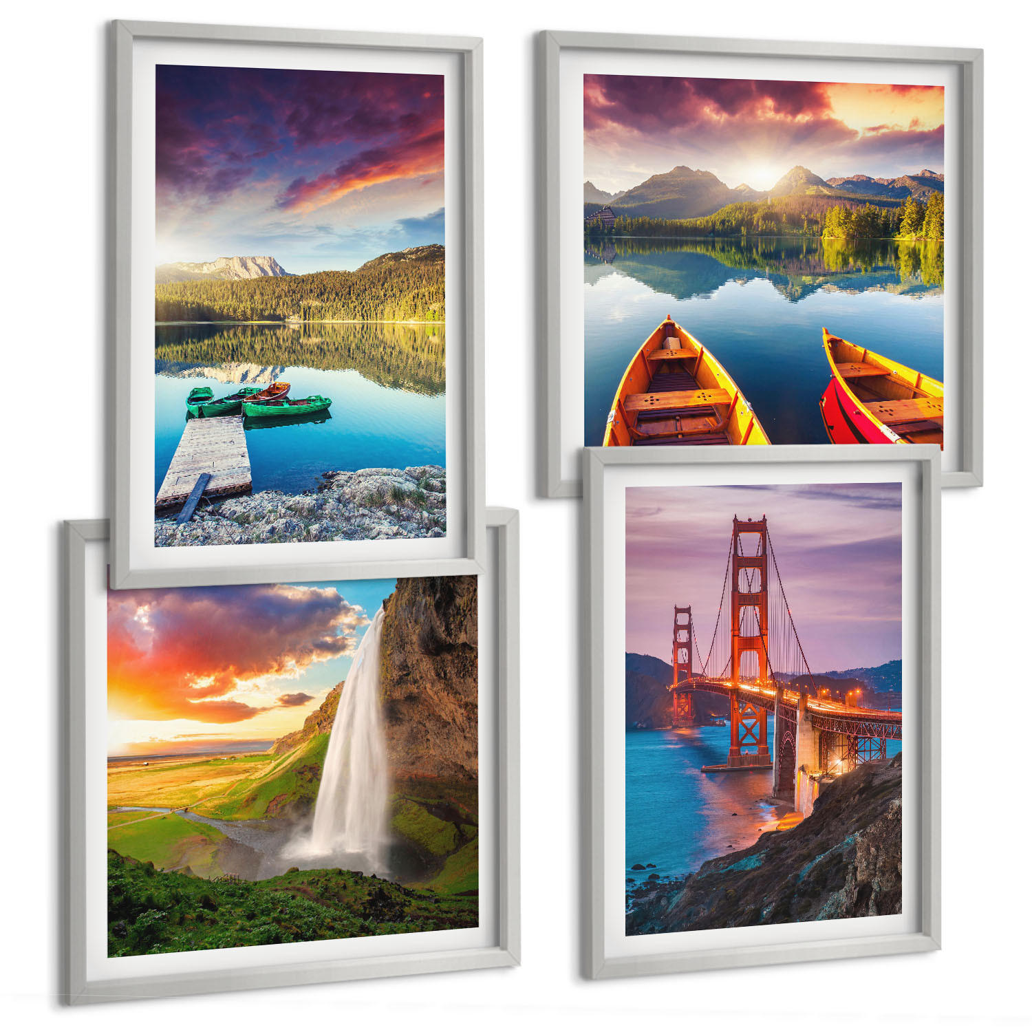 BILDER SET 4er Set - 50x50 cm & 40x60 cm Silberner Rahmen - Bergseen, Boote, Brücken - Silberfarben, Kunststoff (50/50cm) - TULUP