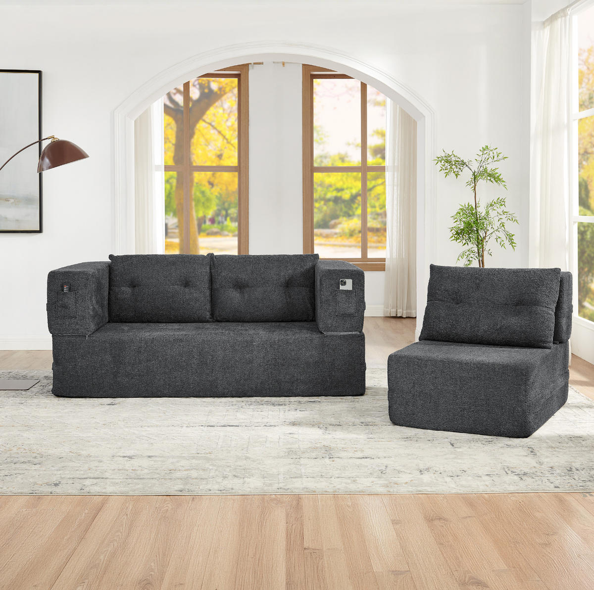 SCHLAFSOFA 2-in-1 2-Sitzer mit Sessel Stoff Dark Grey 2-tlg. - Dunkelgrau, Holzwerkstoff (194/39/199cm) - Meubliv