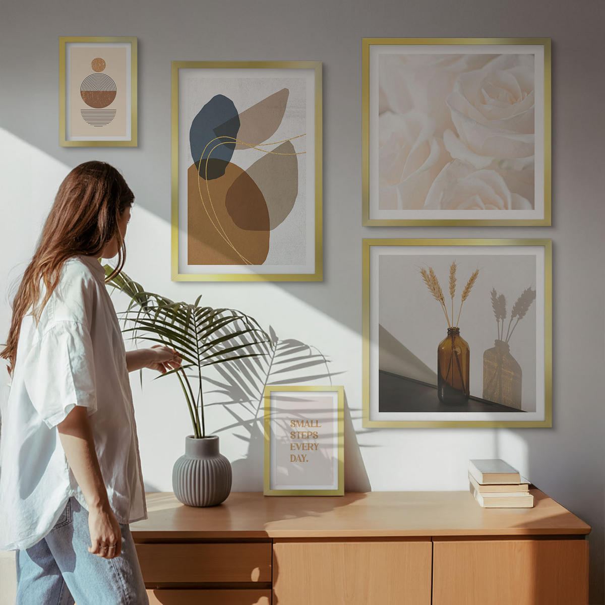 WANDBILDER 5er Set - 50x50 cm & 20x30 cm & 40x60 cm Goldrahmen - Abstrakte Formen Akzente - Goldfarben, Kunststoff (40/60cm) - ArtPrintCave