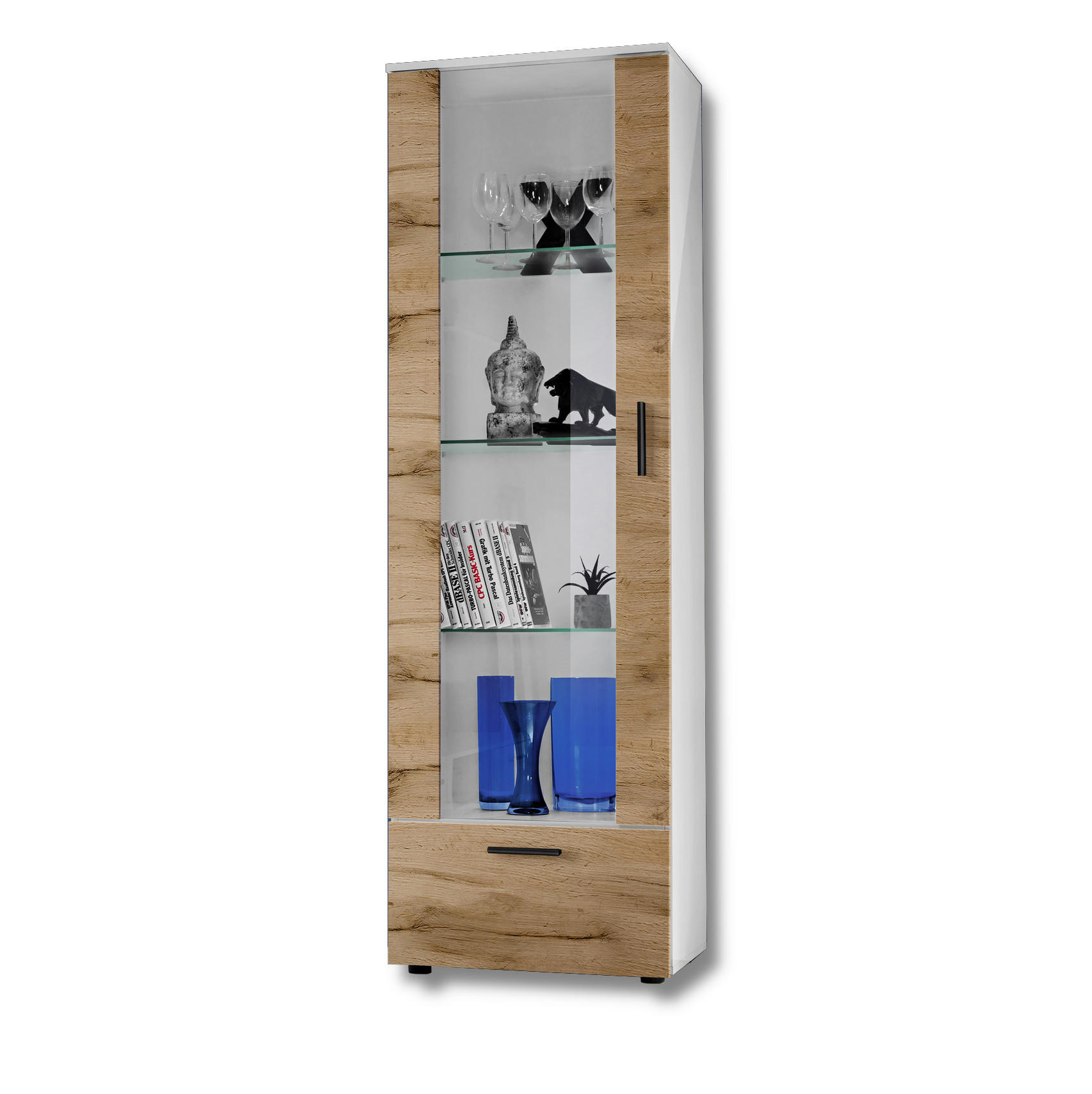VITRINE ALESSANDRIA, Wotan - Eiche Wotan/Schwarz, Glas/Holzwerkstoff (60/192/42cm) - Komodee