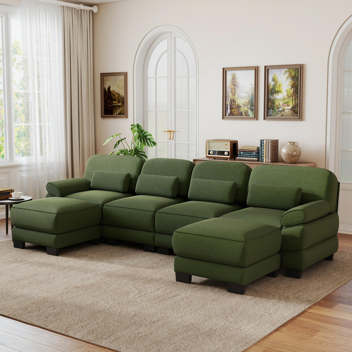 WOHNLANDSCHAFT 4-Sitzer U-Form mit 2 Hockern, DE-42659, Grün - Grün, Holz (336/94/161cm) - ComfortXL