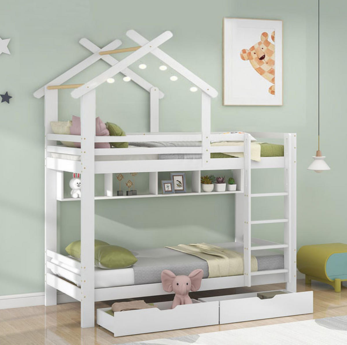 ETAGENBETT 90/200 cm Weiß mit Schubladen und Regalen aus Kiefernholz - Weiß, Holzwerkstoff (90/200cm) - OKWISH