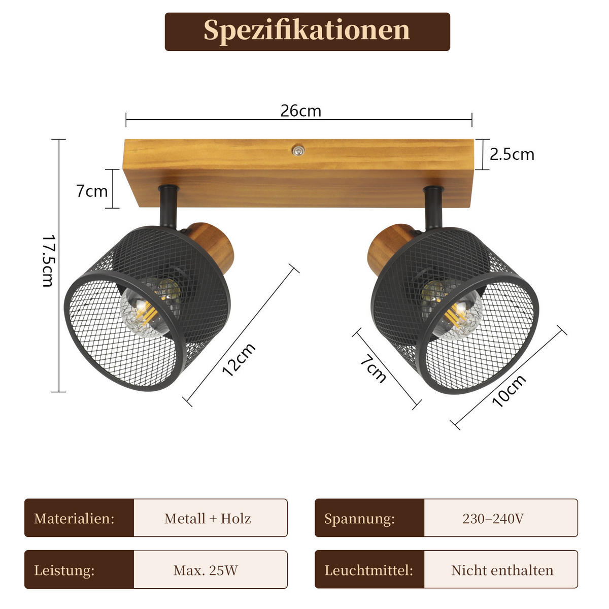 DECKENSTRAHLER Haxenli 26/10/17.5 cm - Schwarz, Holz/Metall (26/10/17.5cm) - ZMH