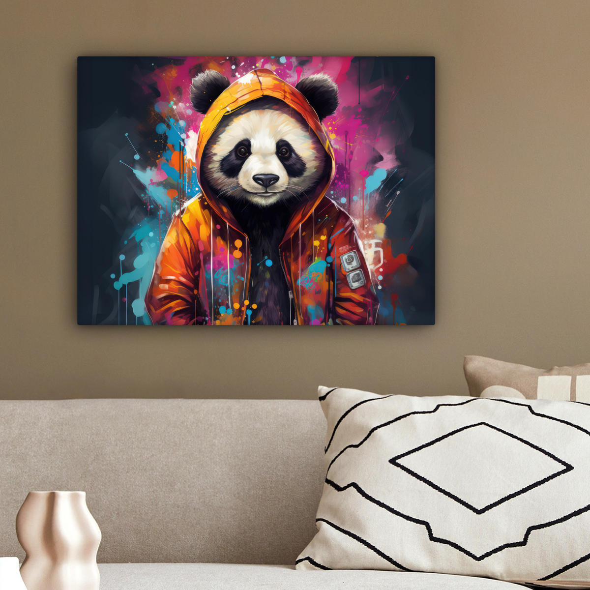LEINWANDBILD Panda - Jacke - Graffiti - Orange 40x30 cm - Orange, Textil (40/30cm) - MuchoWow