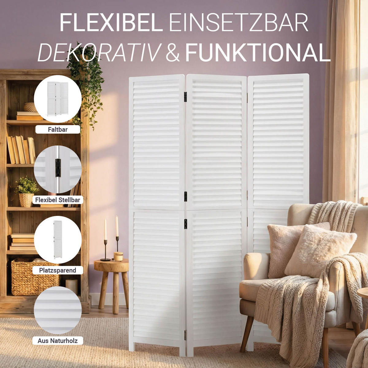 PARAVENT 120/170 cm Weiß - Weiß, Holz (120/170/2cm) - Homestyle4u