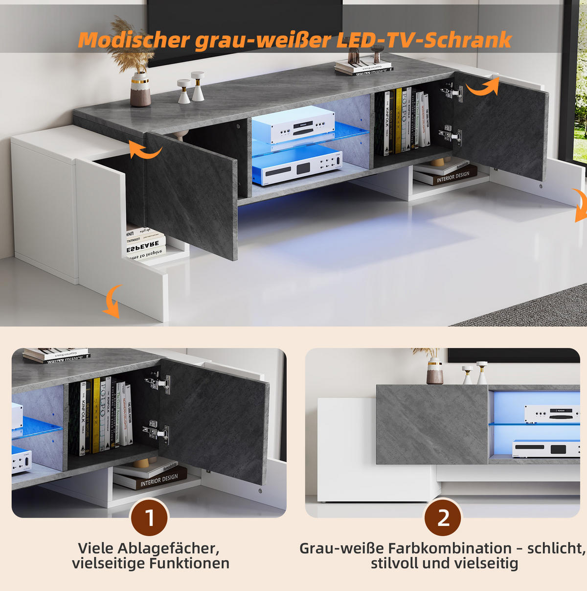 LOWBOARD 180/40/46.5 cm weiß/grau aus MDF mit LED-Lichtleiste - Weiß, Holzwerkstoff (40/46.5/180cm) - OKMYHOME