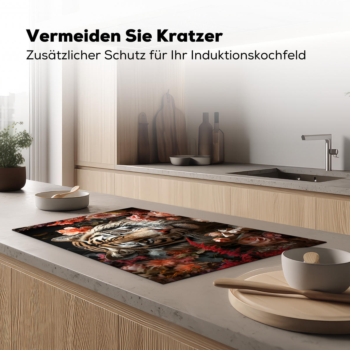 HERDABDECKPLATTE Tiger - Tier - Natur - Floral - Botanisch Ceranfeldabdeckung 85x52 cm - Orange, Kunststoff (85/52/0.2cm) - MuchoWow