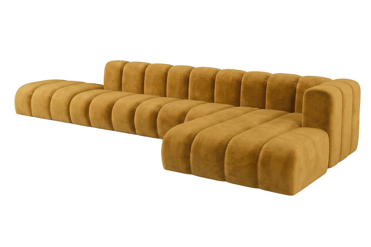 ECKSOFA Modulares In L-Form Mit Hocker, Velvet-Stoff Riviera, Senffarbe, Rechts, GRAND - Gelb, Holz (386/179cm) - Kaiser Möbel