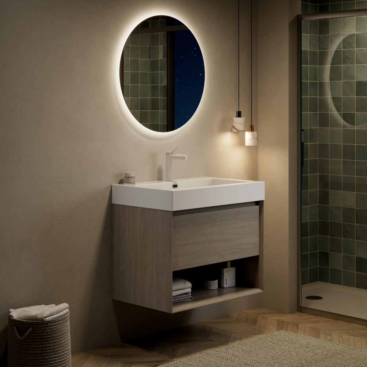 WASCHTISCHKOMBI 70 cm in Eiche mit Mineralwerkstoffbecken und Soft-Close-Schublade - Eichefarben, Kunststoff (70/60/46cm) - BEAOK