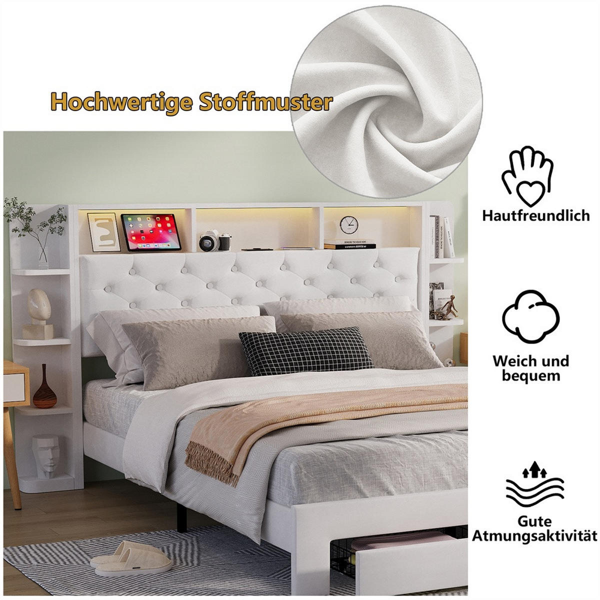 POLSTERBETT 140 x 200 cm mit USB-Anschluss & Steckdose - offene Regalfächer mit LED-Beleuchtung und Schubladen - Weiß - Weiß, Textil (140/200cm) - DELFA
