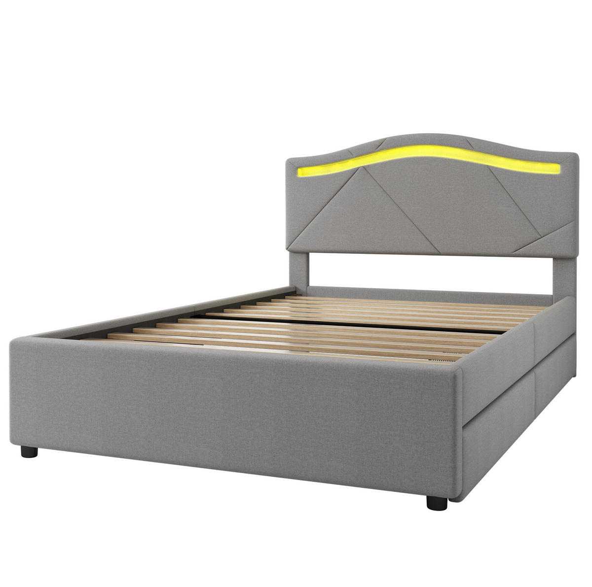 POLSTERBETT aus Leinen und MDF 90x200 cm Grau mit LED-Beleuchtung, 2 Schubladen und Lattenrost - Grau, Textil (90/200cm) - IVMEU