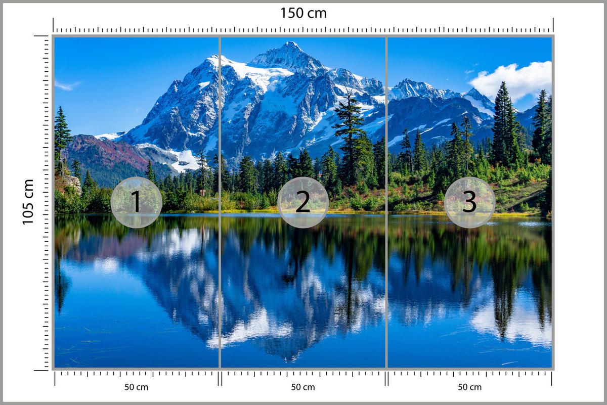 FOTOTAPETE See Berge Wald Landschaft 3D 150x105 - Blau/Beige, Papier (150/105cm) - Muralo