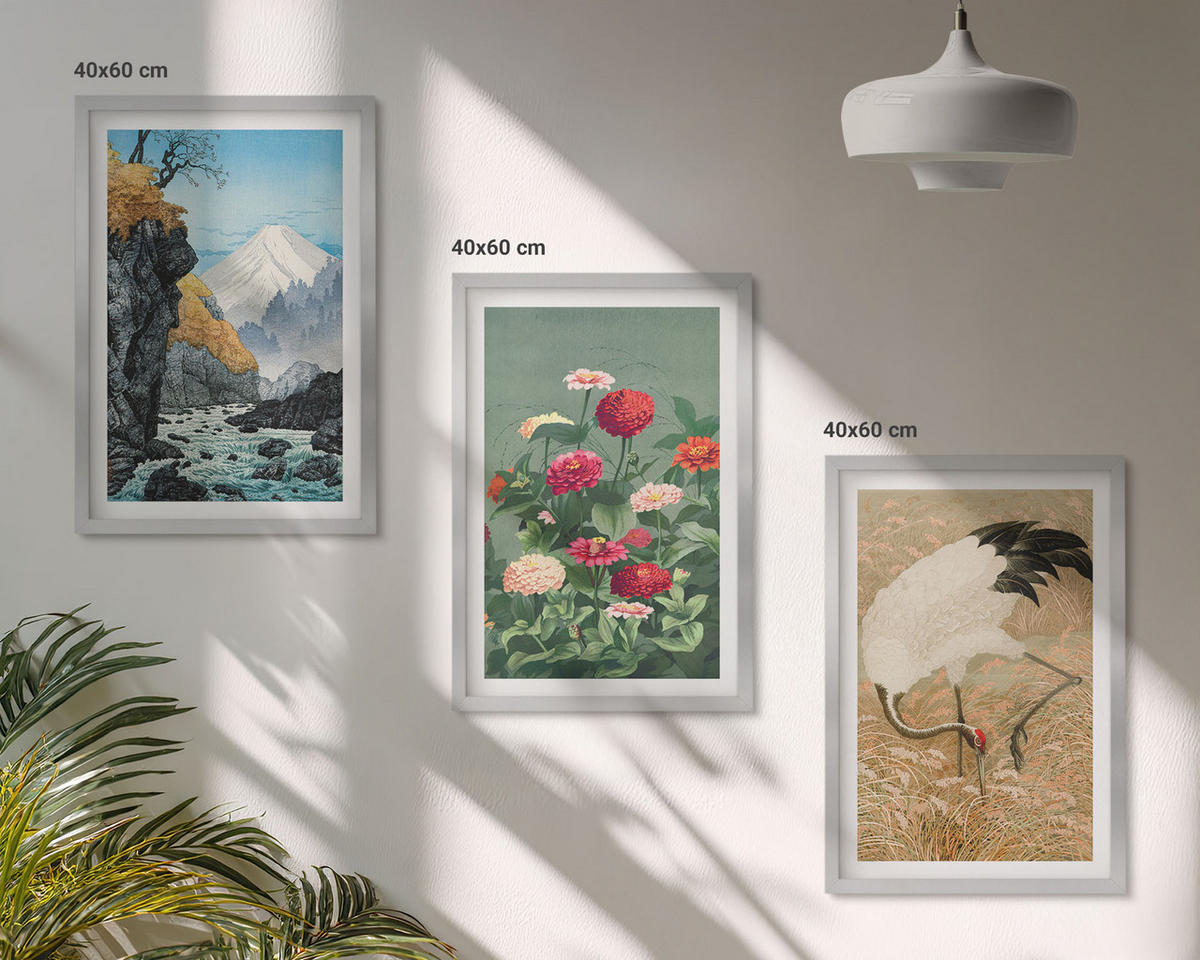 BILDER SET 3er Set - 40x60 cm Silberner Rahmen - Berglandschaft, Fluss, Blumen, Kraniche - Silberfarben, Kunststoff (40/60cm) - TULUP
