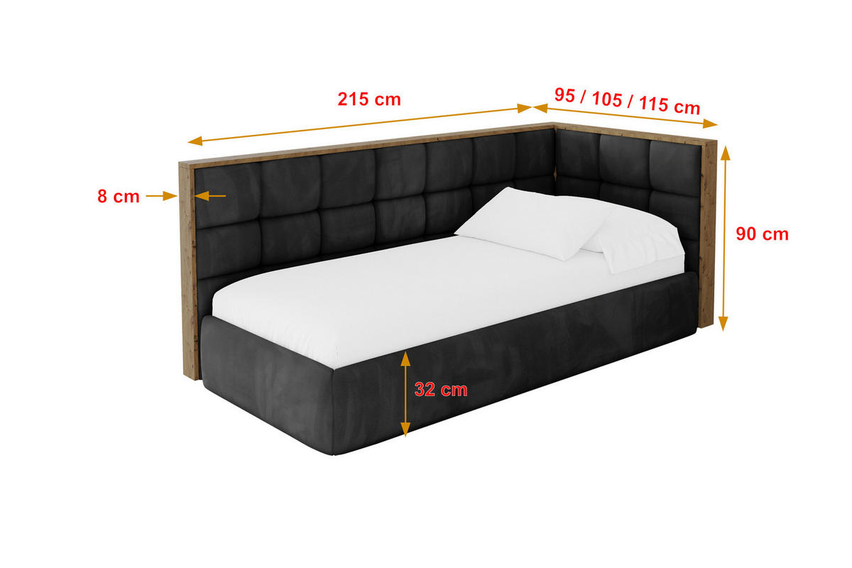 EINZELLBETT Jugendbett mit Bettkasten und Matratze H3/H4, Links - SOVY 90x200 Schwarz - Schwarz, Holzwerkstoff/Textil (90/200cm) - ALTDECOR