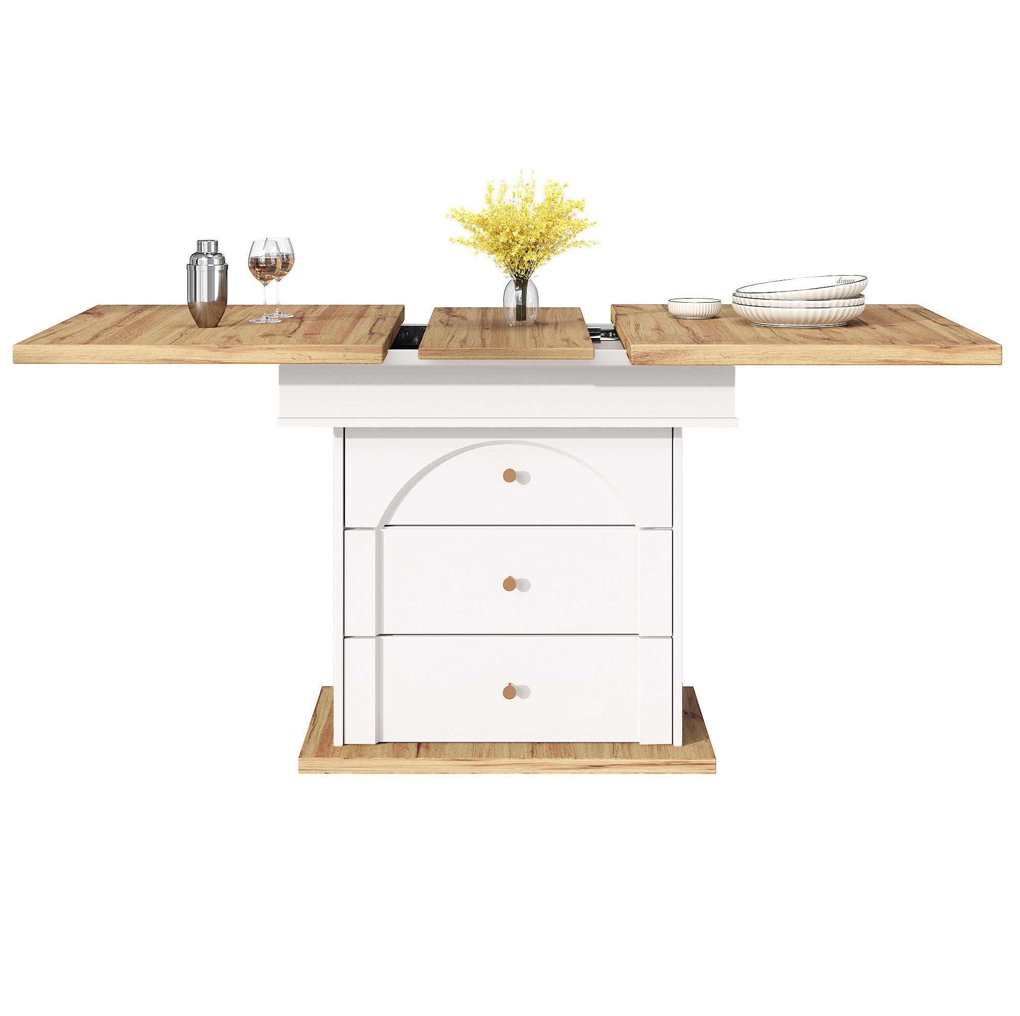 OKWISH JÍDELNÍ stůl 110-140/80/75 cm bílý a přírodní z MDF s rozkládací deskou a úložným prostorem