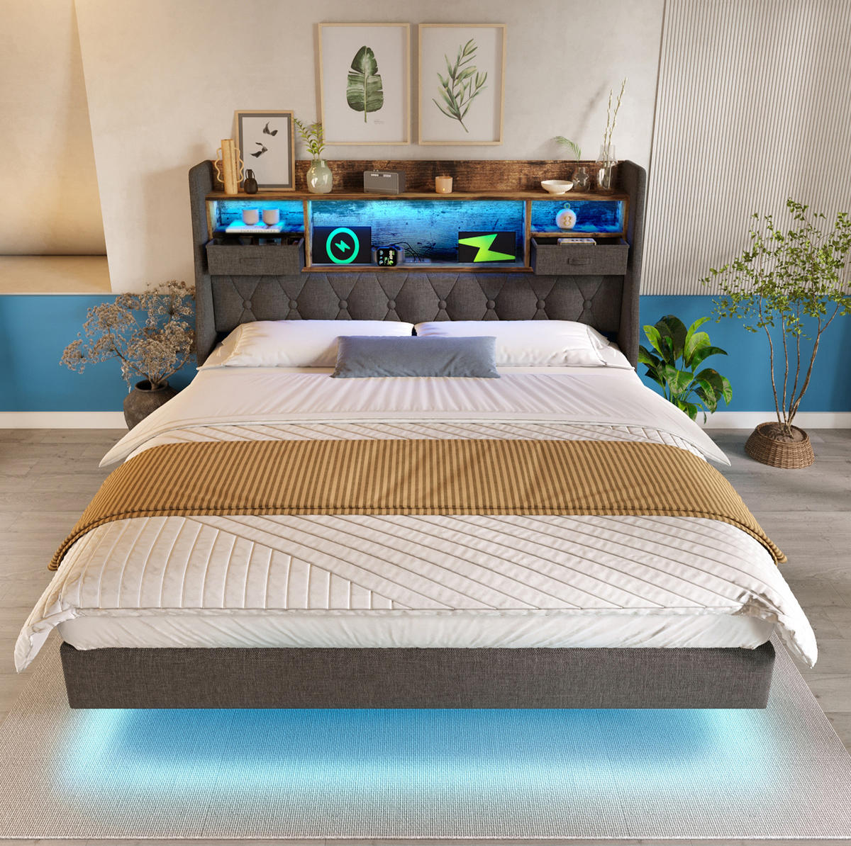POLSTERBETT aus Leinen 140x200 cm Grau mit LED-Beleuchtung, Ladestation und Stauraum am Kopfteil - Grau, Textil (140/200cm) - IVMEU