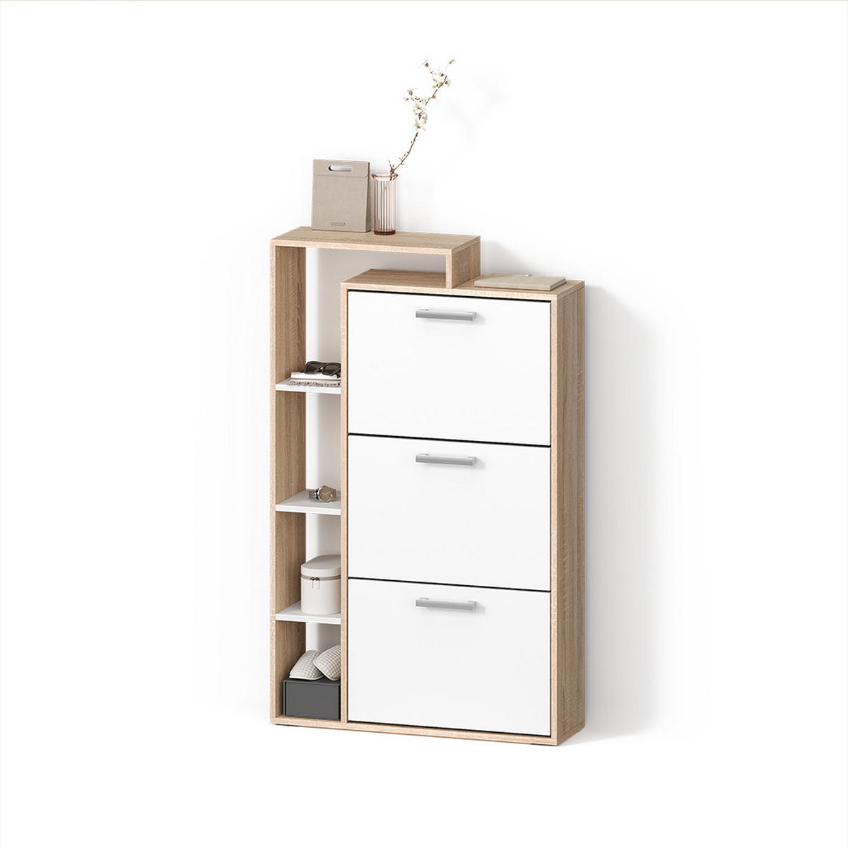 SCHUHKIPPER Ortello Weiß/Sonoma 80 x 128.3 cm mit 3 Fächern - Weiß/Sonoma Eiche, Holzwerkstoff (80/128.3/24.2cm) - Livinity®