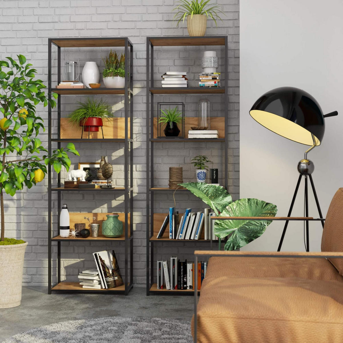 INDUSTRIEREGAL Schwarz, Craft-Eichenfarben 60x192x32 cm - Eichefarben/Schwarz, Holzwerkstoff/Metall (60/192/32cm) - Akord