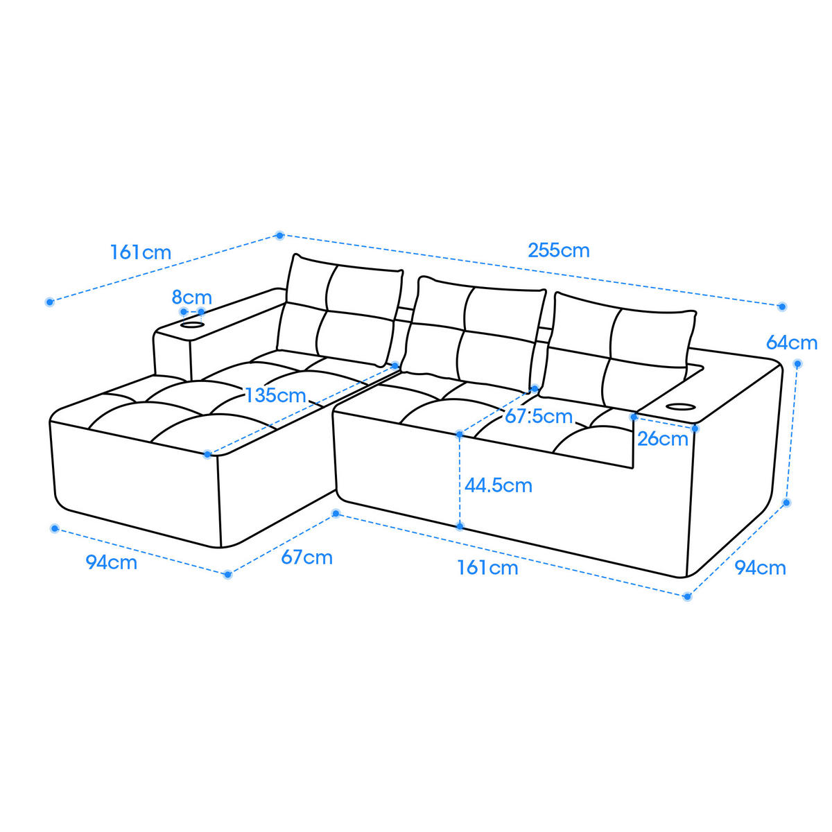 ECKSOFA chenille L-form mit getränkehaltern & 3 kissen - Gelb, Textil (258/163cm) - Urban Meuble