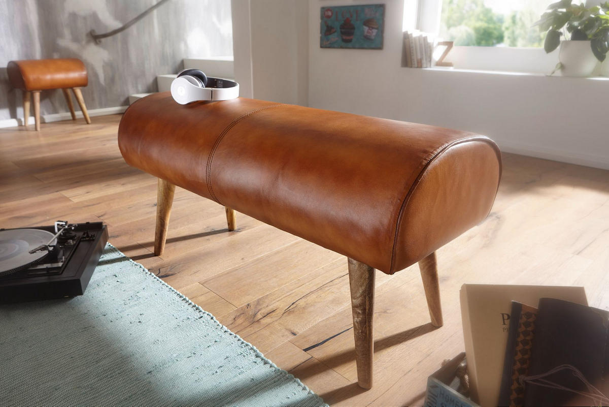 SITZBANK – Echtleder/Holz, 2 Personen, Modern - Braun, Mangoholz/Leder (100/53/40cm) - KADIMA DESIGN